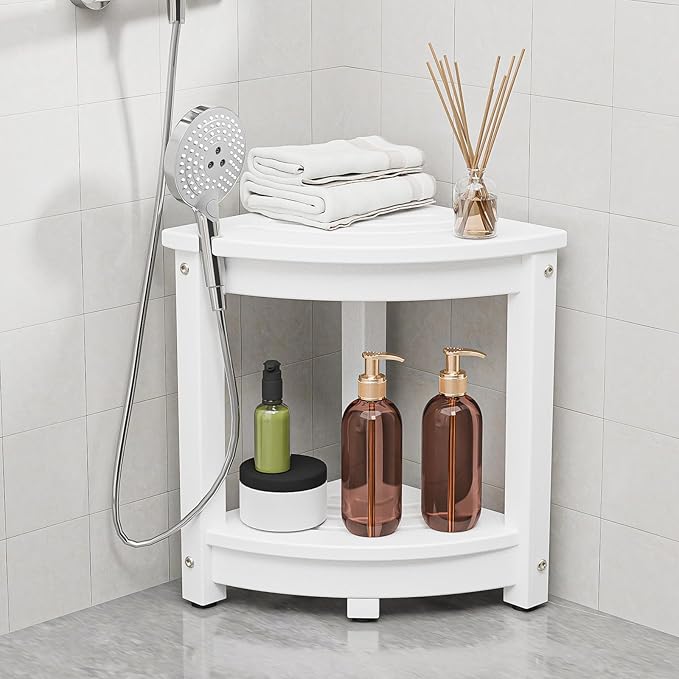 VINGLI Outdoor Side Table, HDPE Space-Saving Patio Side Table Corner Table Shower Bench, Waterproof 2-Tier Patio End Tables for Balcony Garden Deck (White)