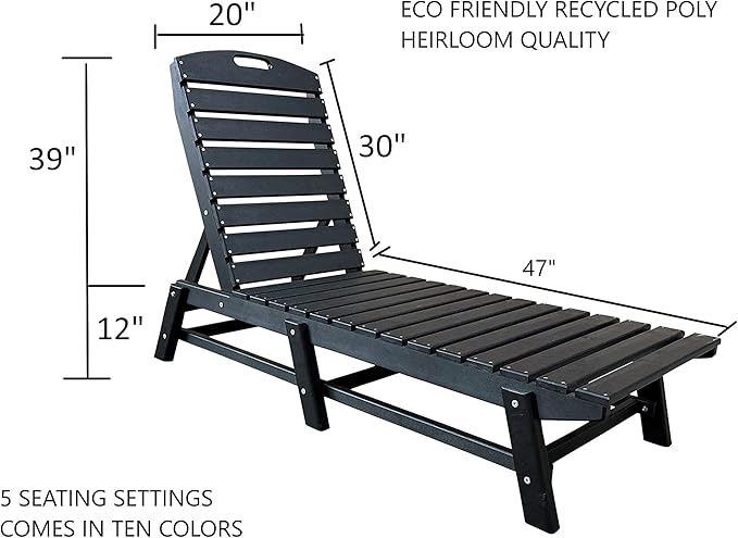 Phat Tommy Outdoor Pool Chaise Lounge, Heavy-Duty Beach Lounger - Folding, HDPE, Recycled Poly Furniture - Reclining Lounge Chair for Patio, Deck, Beach, Cabana, or Poolside, Black