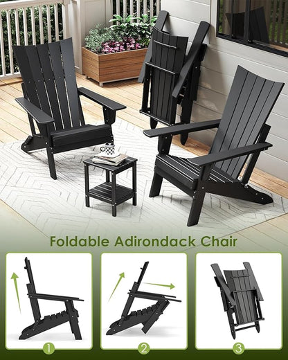 GREENVINES Folding-Adirondack-Chairs-Set-of-4 | HDPE Plastic | Arch Series | Fire Pit Chair | All Weather | for Outdoor Patio Deck Backyard Poolside | Black