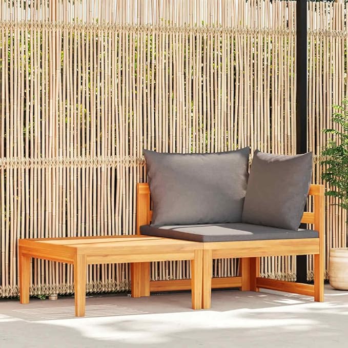 Dark Grey and Natural Wood Garden Lounge Set with Corner Sofa and Table, 4-Piece Outdoor Patio Furniture for Balcony or Deck, Acacia Wood Frame and Polyester Cushions, Modern