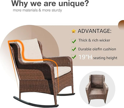 SUNSITT Outdoor Resin Wicker Rocking Chairs with Olefin Cushions, Set of 2, Patio Yard Furniture Club Rocker Chairs, Brown Wicker & Beige Cushions