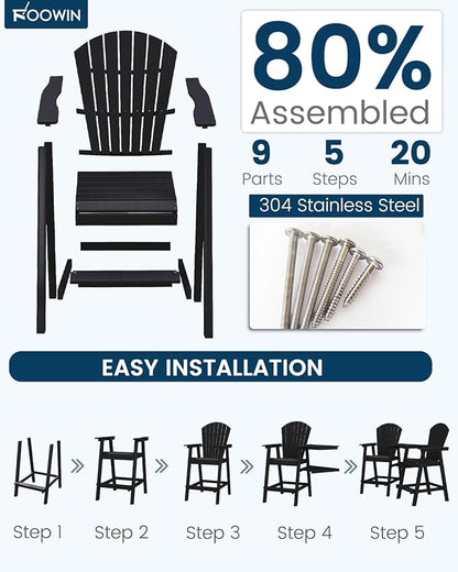 FOOWIN Tall Adirondack Chair Set of 8, All Weather HDPE Bar Height Adirondack Chair with Double Connecting Trays, Adirondack Barstools for Balcony, Deck, Backyard, Patio, Garden Black