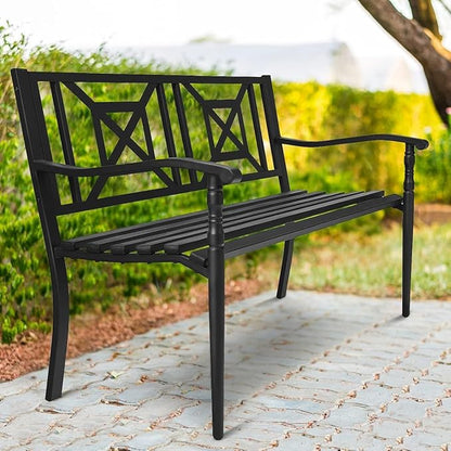 Tangkula 51" Metal Outdoor Park Bench, Slatted Garden Bench for 2-3 People, Patio Park-Style Loveseat with Curved Armrests, Heavy-Duty Outdoor Seating for Backyard, Lawn, Porch