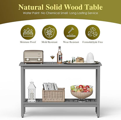 SUPER DEAL 48 inch Outdoor Console Table, 2-Tier Solid Wood Side Table Multifunctional Buffet Bar Storage Organizer with Adjustable Feet for All-Weather Indoor Outdoor Porch, Grey