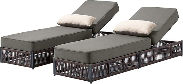 Luxury Outdoor Chaise Lounges with 5 Inch Thickened Cushions - Set of 2 High Back Brown Wicker Patio Recliners Rattan - Photo 1