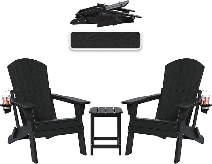 Folding Adirondack Chairs and Table 3-Piece Set, HDPE All Weather Resistant Plastic Outdoor Patio Chairs with Cup Holder, Heavy Duty Fire Pit Seating for Backyard Garden, Wooden Textured(Black)