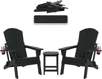 Folding Adirondack Chairs and Table 3-Piece Set, HDPE All Weather Resistant Plastic Outdoor Patio Chairs with Cup Holder, Heavy Duty Fire Pit Seating for Backyard Garden, Wooden Textured(Black)