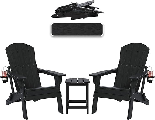 Folding Adirondack Chairs and Table 3-Piece Set, HDPE All Weather Resistant Plastic Outdoor Patio Chairs with Cup Holder, Heavy Duty Fire Pit Seating for Backyard Garden, Wooden Textured(Black)
