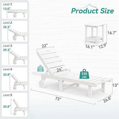 Outdoor Chaise Lounge Chairs with Table, 3-Piece, 26.8” Super Wide Lounge Chair Outdoor, HDPS Pool Chairs with 5 Positions, Patio Lounge Chair with Wheels for Pool,Lawn,Backyard, White