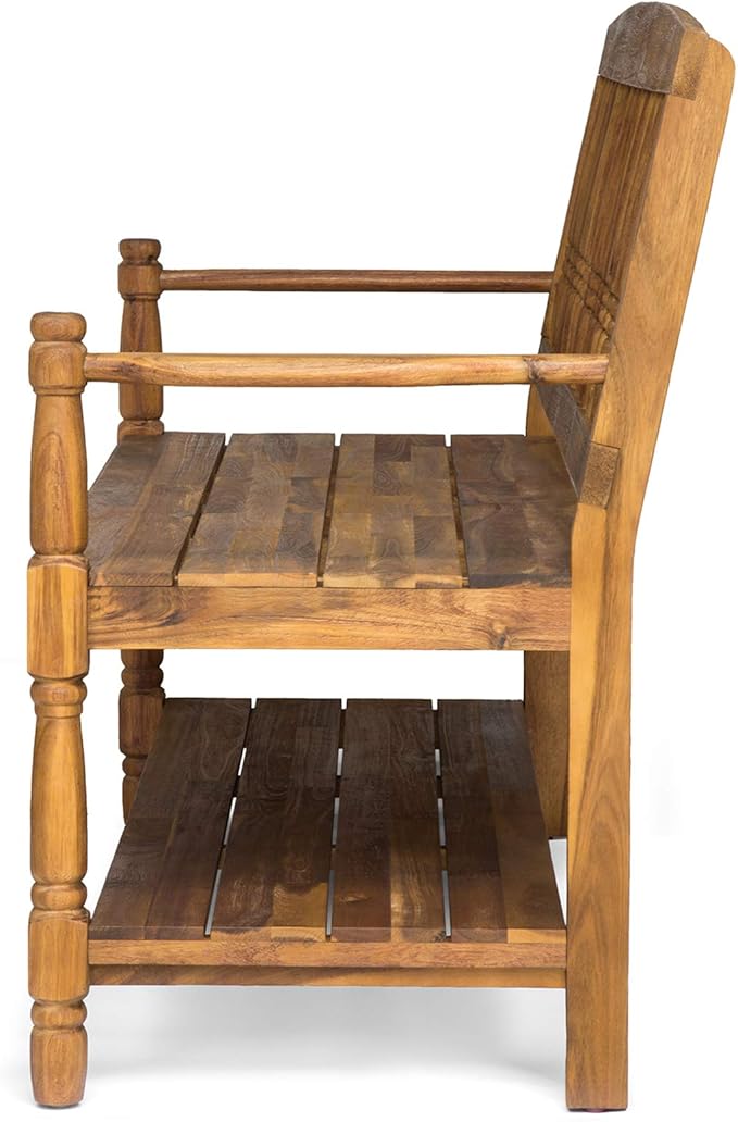 Great Deal Furniture Christopher Knight Home Cody Outdoor Acacia Wood Bench with Shelf, Teak Finish - Photo 9