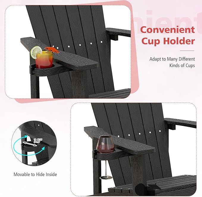 Tangkula Oversized Adirondack Chair, Patio Lounge Chairs w/Adjustable Cup Holder, HIPS Armchairs Slatted Chair, Outdoor Weather Resistant Fire Pit Chair for Deck Backyard Garden Porch (4, Black)