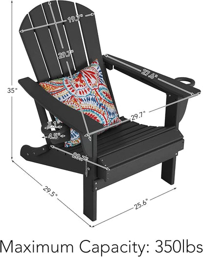 Sundale Outdoor Folding Water & Wind Proof Adirondack Chair with 2 Concealable Cup Holder and 1 Stylish Cushion/Pillow, Perfect for Outside Patio Garden Pool Yard Plastic Classic Black