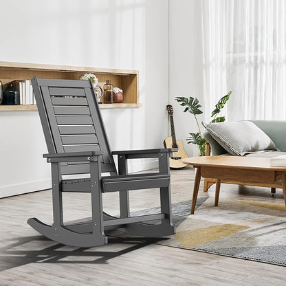 GREENVINES Outdoor Rocking Chairs | Set of 4 | Porch Rocker | HDPE Plastic | Grey | Oversized Rockers | High Back | Big & Tall | Ladder Back | for Patio Outside Backyard Balcony Garden