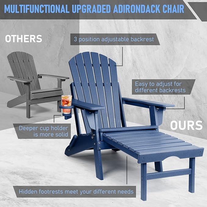 FUNBERRY Adjustable Folding Adirondack Chair with Retractable Ottoman, All Weather Fire Pit Chairs with Cup Holder