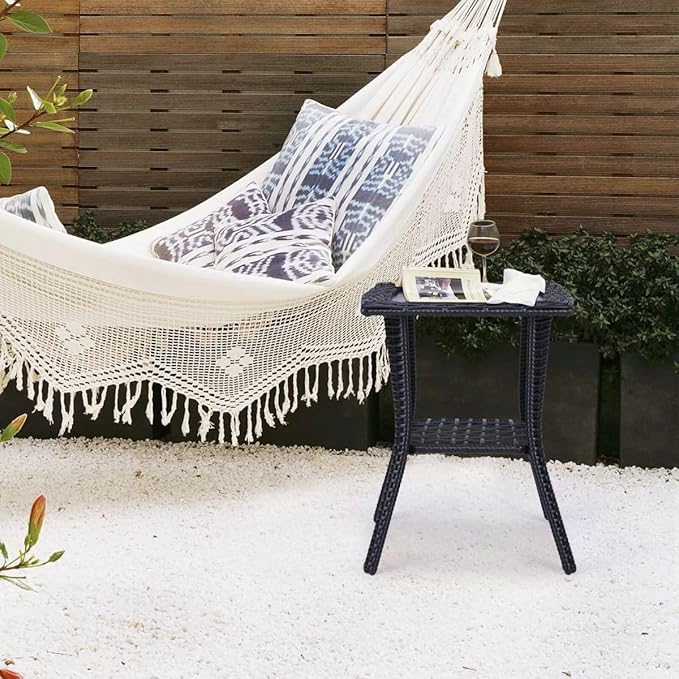 Patio Wicker Side Table, Outdoor PE Rattan End Table with Tempered Glass Top and 2-Tier Storage Shelf, Square Coffee Table for Deck Porch Garden Backyard- Black