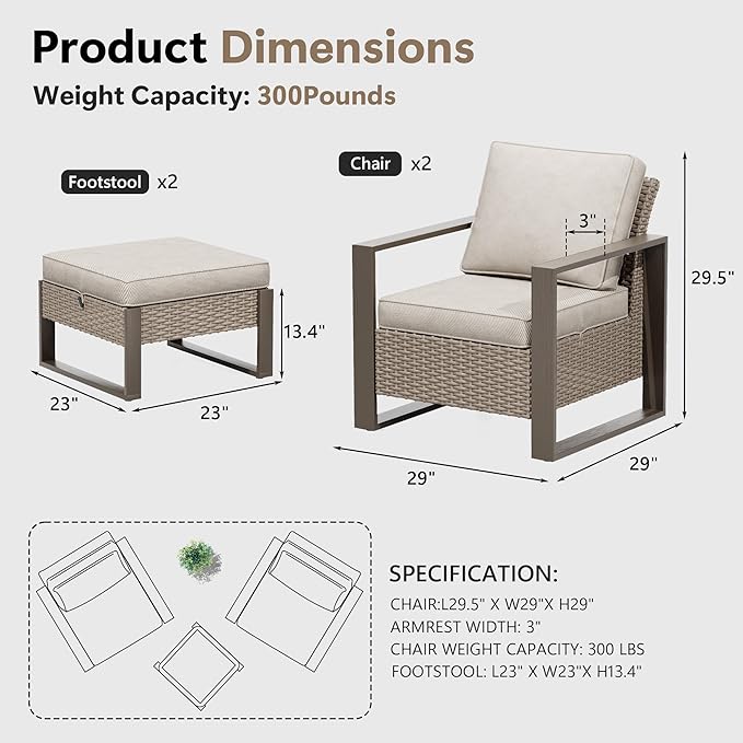 4 Piece Patio Furniture Set, Outdoor Wicker Chair and Ottoman, Metal Patio Furniture with Deep Seating, Thicken Cushions for Deck, Porch, Yard Use (Beige, 4 PCS/Chairs)