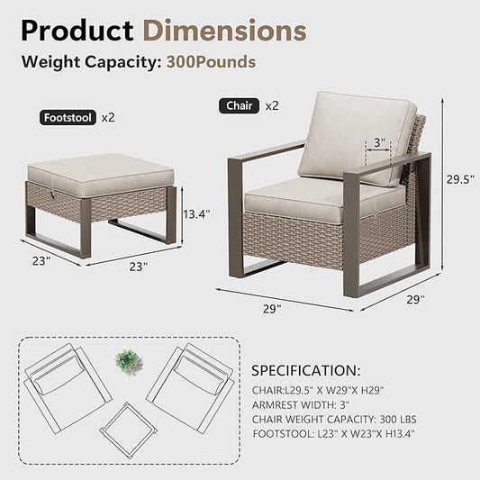4 Piece Patio Furniture Set, Outdoor Wicker Chair and Ottoman, Metal Patio Furniture with Deep Seating, Thicken Cushions for Deck, Porch, Yard Use (Beige, 4 PCS/Chairs)