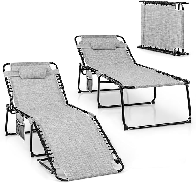 Giantex Lounge Chair Outdoor, Folding Tanning Chair with 4 Adjustable Positions, Removable Headrest, Footrest, Side Pocket, Load 440 Lbs, Portable Recliner for Lawn, Yard, Beach, Sunbathing (2, Grey)