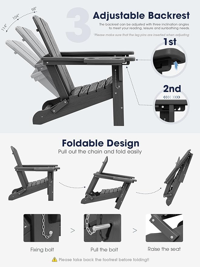 KINGYES Adjustable Folding Adirondack Chair with Footrest & 4-in-1 Multi-Functional Armrest Organizer Set of 4, HDPE Foldable Recliner Adirondack Chair with Pull-Out Ottoman, Grey