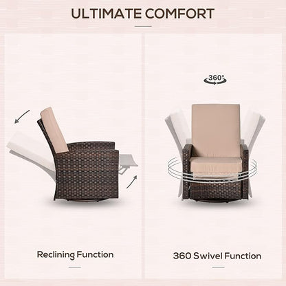 Outsunny Outdoor Wicker Swivel Recliner Chair, Reclining Backrest, Lifting Footrest, 360° Rotating Basic, Water Resistant Cushions for Patio, Khaki