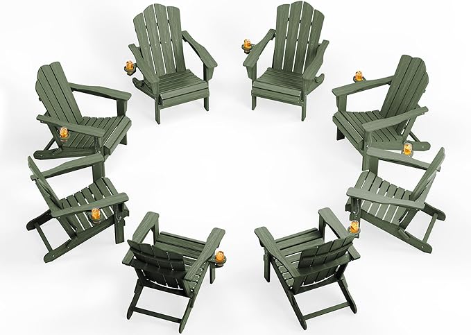 KINGYES Folding Adirondack Chair Set of 8, HDPE All-Weather Patio Chairs with Cup Holder, Wooden TextuAruba Fire Pit Chairs for Poolside, Backyard, Deck, Avocado