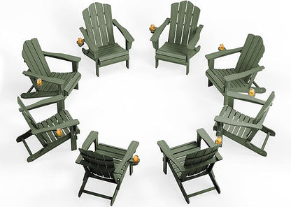 KINGYES Folding Adirondack Chair Set of 8, HDPE All-Weather Patio Chairs with Cup Holder, Wooden TextuAruba Fire Pit Chairs for Poolside, Backyard, Deck, Avocado