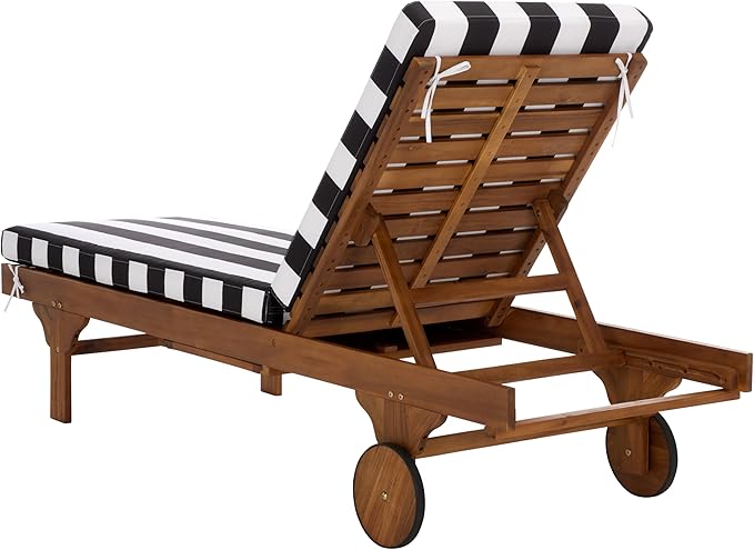 SAFAVIEH Outdoor Patio Furniture Collection - Newport Natural Solid Wood Chaise Lounge Chair with Black Stripe Cushion, Adjustable Backrest (PAT7316E)