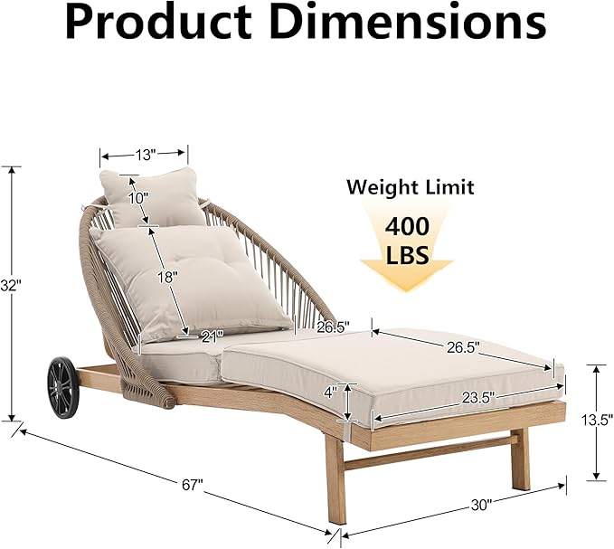 Patio Chaise Lounge Chairs Set of 2, Oversized Lounge Chair Outdoor with Cushions, Patio Lounge Chairs with Wheels - Photo 2