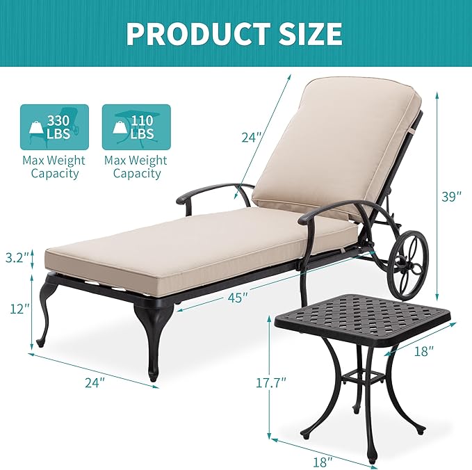 HOMEFUN Chaise Lounge Chair Outdoor - Poolside Chairs Set of 2 with Cushion and 1 Patio Side Table Cast Aluminum Waterproof Lounger with Wheels and Adjustable Reclining (Beige Cushion)