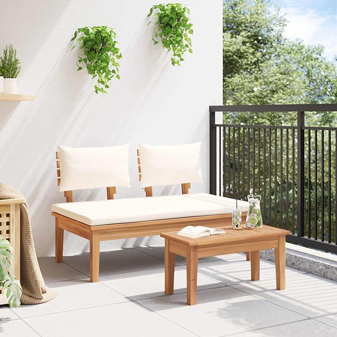 Modern Outdoor Teak Wood Garden Bench Set 2 pcs Cream and Brown Rectangular Patio Furniture with Solid Construction and Easy Assembly for Durable Seating