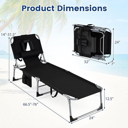 Giantex Face Down Tanning Chair, Folding Beach Lounge Chair w/ 4-Position Adjustable Backrest, Outdoor Sunbathing Lounge Chair w/Face Arm Holes & Storage Pocket for Patio Deck Poolside (2, Black)