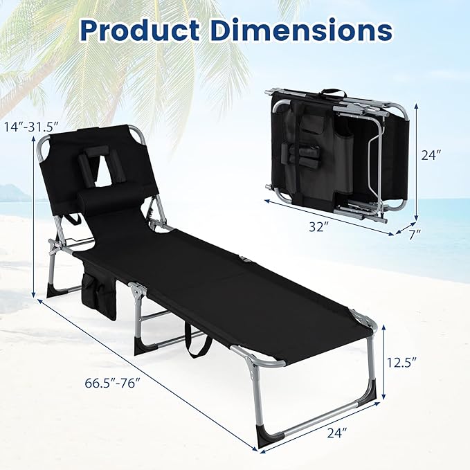 Giantex Face Down Tanning Chair, Folding Beach Lounge Chair w/ 4-Position Adjustable Backrest, Outdoor Sunbathing Lounge Chair w/Face Arm Holes & Storage Pocket for Patio Deck Poolside (1, Black)