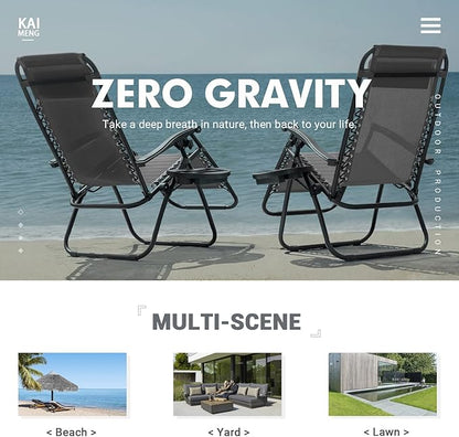 Kemon Zero Gravity Folding Lounge Outdoor Patio Adjustable Reclining Chair with Pillows and Cup Holders for Beach Set of 2, Double Grey, KM-CDGVC