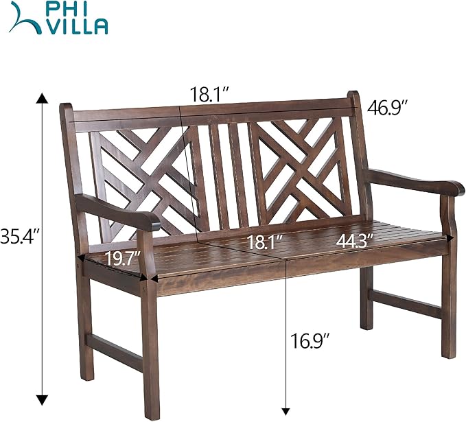 PHI VILLA Outdoor Garden Wooden Bench, 4 Ft Acacia Wood Bench with Curved Backrest and Armrest, 2 Seat All Weather Bench for Patio, Lawn, Balcony, Yard, Porch - Brown