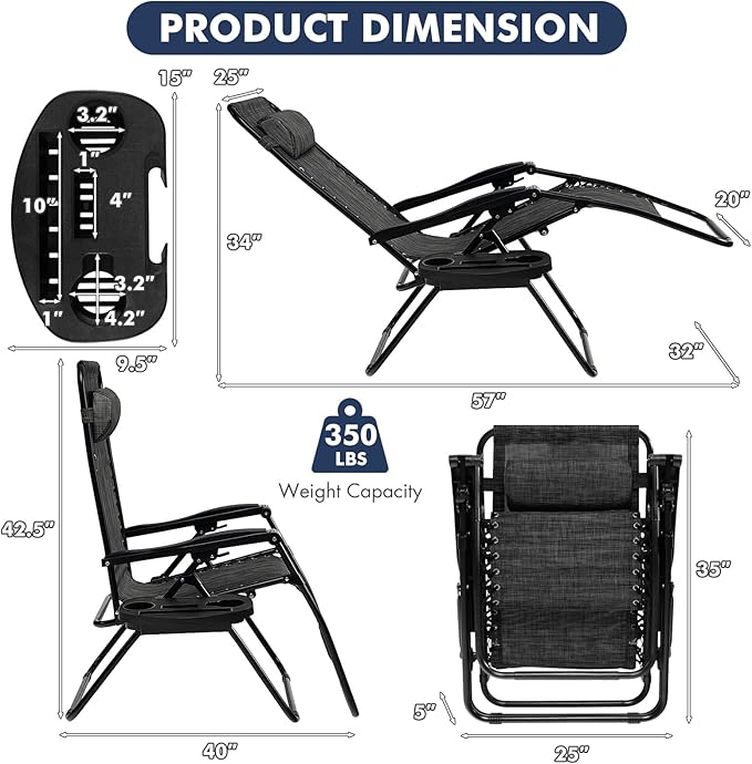 Giantex 2 PCS Zero Gravity Chair, Outdoor Chaise Lounge with Cup Holder - Photo 3