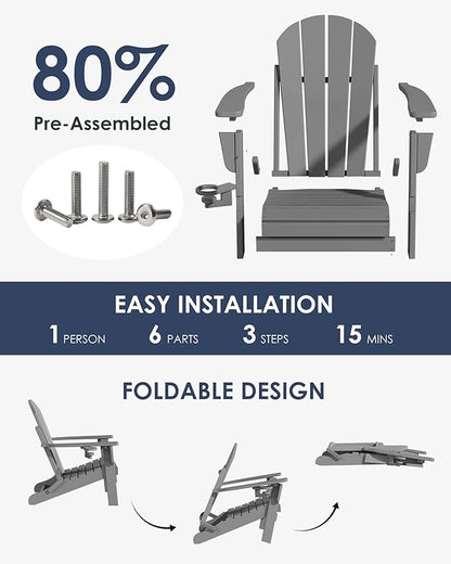 Folding Adirondack Chairs Set of 6, All-Weather Resistant HDPE Patio Firepit Chairs, Sturdy Outside Chairs with Cup Holder, Lawn Chairs, 80% Pre-Installed Load Capacity 385lb, Slate Grey