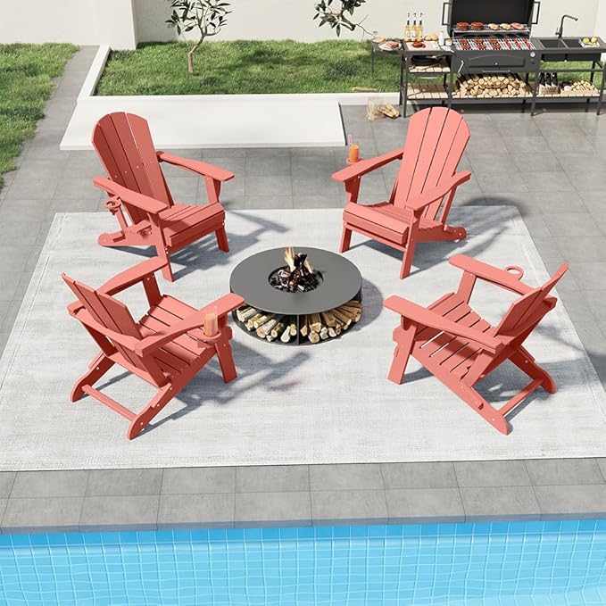 Folding Adirondack Chairs with Cup Holders, Set of 4 HDPE Plastic Outdoor Chairs, Weather Resistant, Real Wood Look - Photo 1
