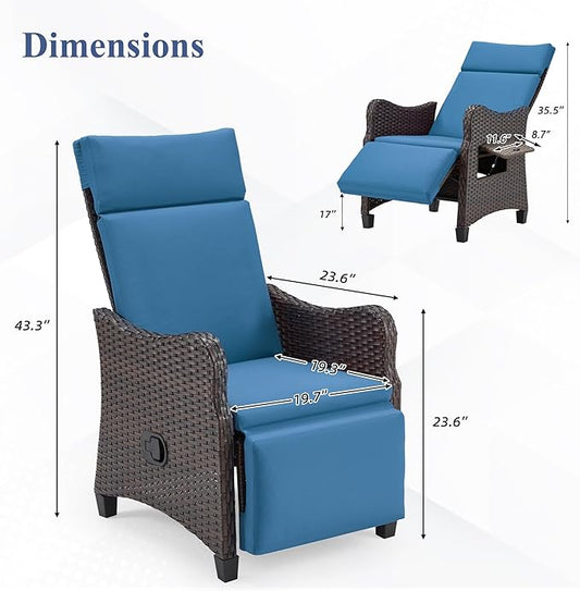 HOMREST Outdoor Recliner Chair with Flip-up Table, Wicker Reclining Chair with 150° Adjustable Backrest, Rattan Armchair with Integrated Footstool & Removable Cushion for Gardens, Navy Blue