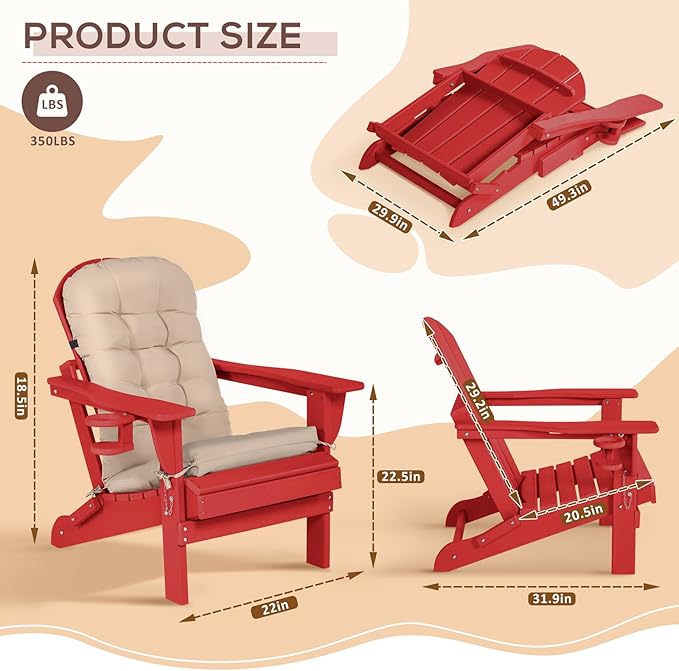 Adirondack Chair Set of 2 with Cushion & Cup Holder, HDPE Folding Adirondack Chairs with Wood-Like Grain Outdoor Fire Pit Chairs for Patio/Porch/Swimming Pool/Camping