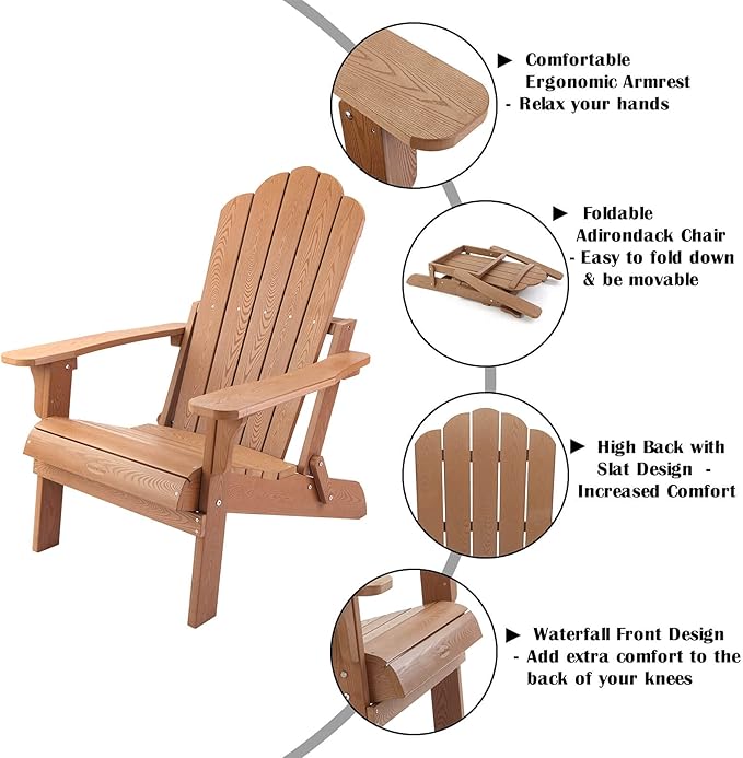 hOmeHua Folding Adirondack Chairs Set of 2, HIPS Foldable Adirondack Chairs Weather Resistant,Plastic Outdoor Chair for Patio, Backyard Deck, Fire Pit Lawn Porch (Wood Color)