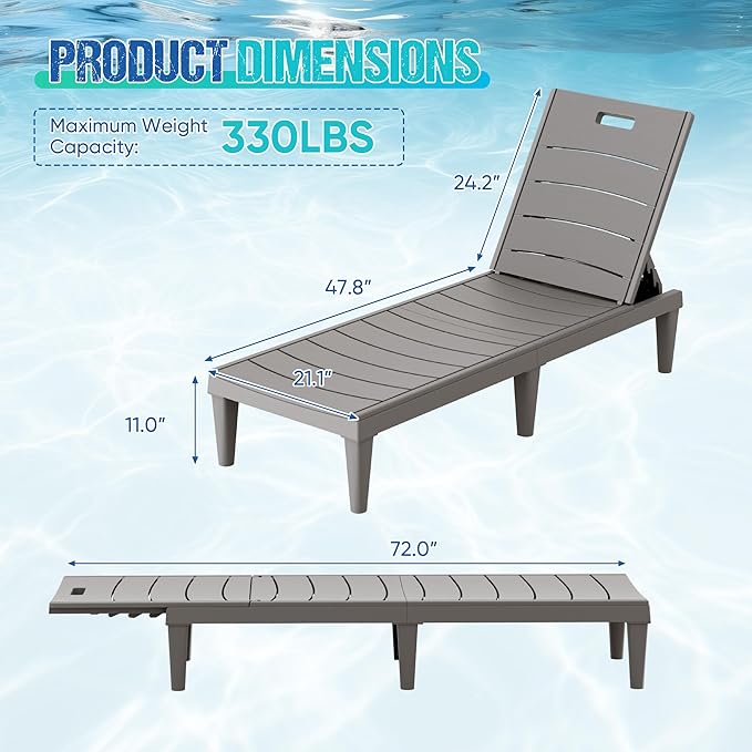 Greesum Outdoor Chaise Lounge Chair Set of 2, Waterproof 5-Position Adjustable PP Sun Loungers for Patio, Poolside, and Beach Sunbathing, Light Coffee
