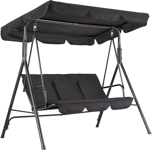 3-Seat Outdoor Porch Swing Chair with Adjustable Canopy & Thickened Cushions, Glider Bench with Non-Slip Feet & Strong Spring Hooks/UV Resistant/Waterproof/500 Lbs Capacity for Patio, Garden, Backyard