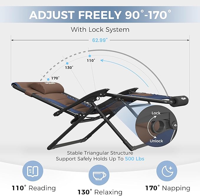 UDPATIO Oversized Zero Gravity Chair Set of 2, Outdoor Full Padded Recliner, Patio Folding Adjustable Reclining Seat with Cup Holder, Footrest & Headrest for Camping, 500LBS Support,Brown/Blue,29in