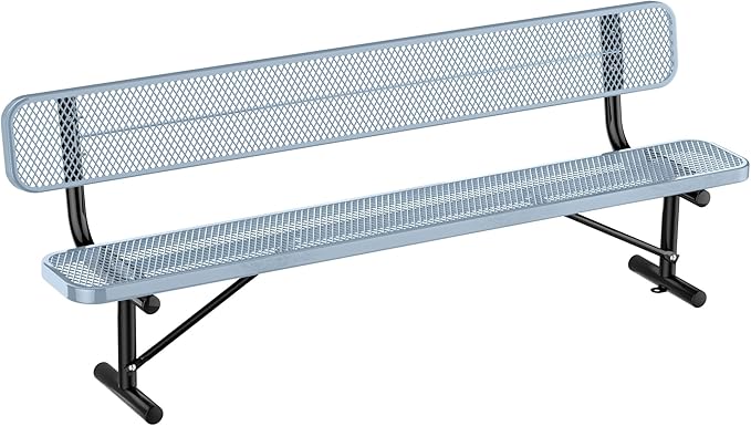 8Ft Heavy Duty Park Bench with Back Portable Frame, Outdoor Steel Bench with Backrest, Expanded Metal Mesh Bench for Lawn, Park, Deck, Garden, Patio, Porch, Grey