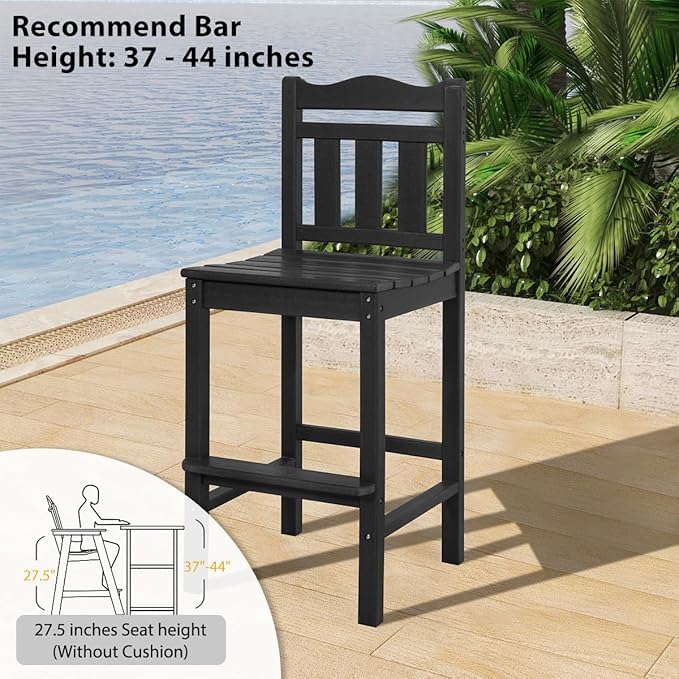 Sundale Outdoor Tall Adirondack Bar Chair Set of 2, HDPE Patio Stools with Backrest, 27.5 Inch Seat Height Tall Bistro Dining Counter Stool, All-Weather Pub Height Chair (Black, 4 Bar Stools)