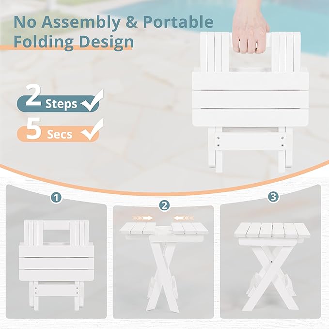 LUE BONA Small Outdoor Folding Side Table, HDPS Outside End Table for Patio, Porch, Deck, Pool, 14 Inch Height, White - Photo 5