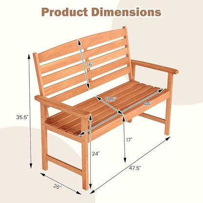 Tangkula Wooden Garden Bench, 2-Person Patio Loveseat with Slatted Backrest and Comfortable Armrests, Outdoor Bench for Porch, Backyard and Park, 530 lbs Weight Capacity