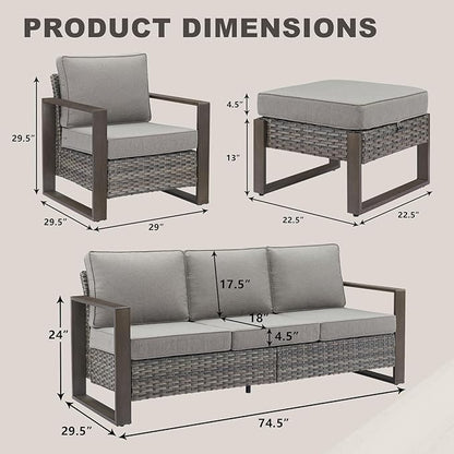 Rilyson Outdoor Wicker Patio Furniture Set - 5 Piece Patio Conversation Set with 2 Wicker Armrest Chairs,2 Rattan Ottoman and 1 Couch,Sturdy Frame,Thick Cushions,Deep Seating(Mixed Grey/Grey)