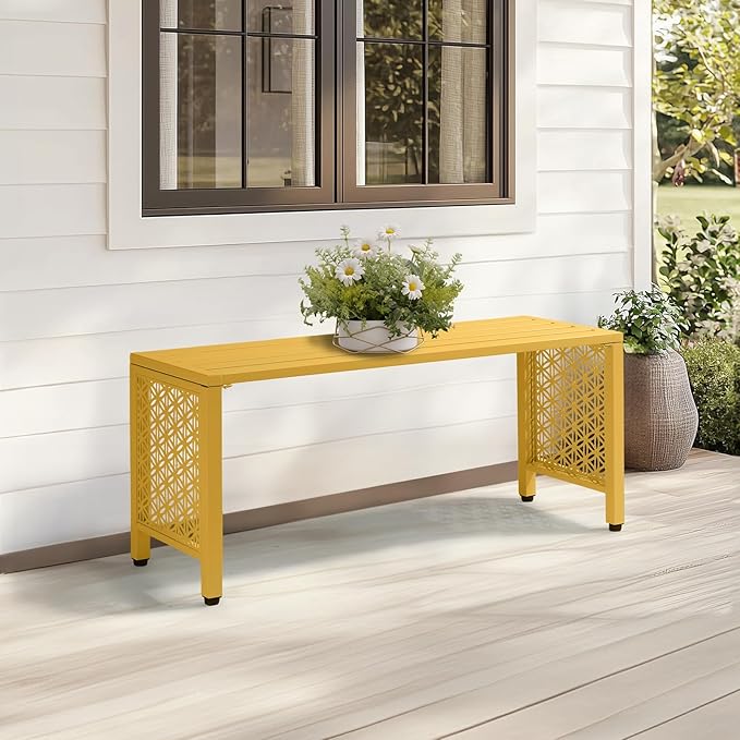 VINGLI 40in Outdoor Metal Bench, All-Weathe Backless Patio Bench with Slatted Seat＆Floral Side Panels - Photo 7