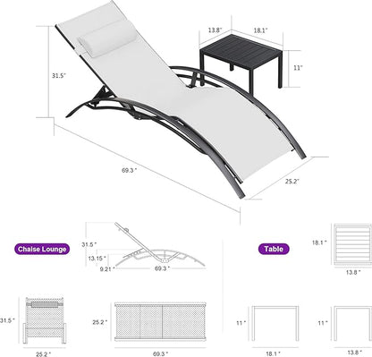 PURPLE LEAF Patio Chaise Lounge Chair Set with 2 Side Table Outdoor Pool Adjustable Recliner Chairs for Outside Beach Poolside Sunbathing Tanning Lounger